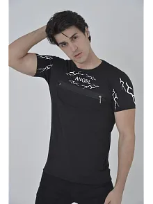 Unisex Göğüs Fermuarlı Baskılı T-shirt - Siyah