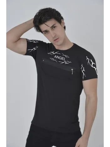 Unisex Göğüs Fermuarlı Baskılı T-Shirt - Siyah Unisex Göğüs Fermuarlı Baskılı T-Shirt - Siyah