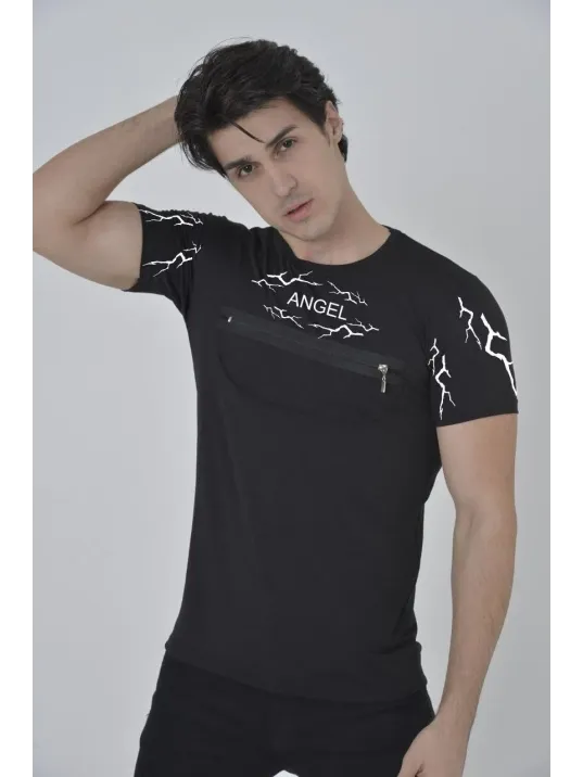 Unisex Göğüs Fermuarlı Baskılı T-Shirt - Siyah Unisex Göğüs Fermuarlı Baskılı T-Shirt - Siyah