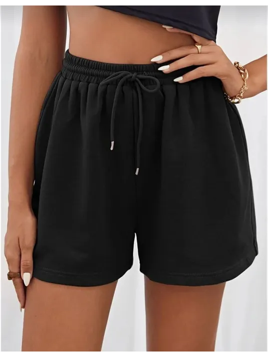 Unisex İki İplik Düz Oversize Şort - Siyah