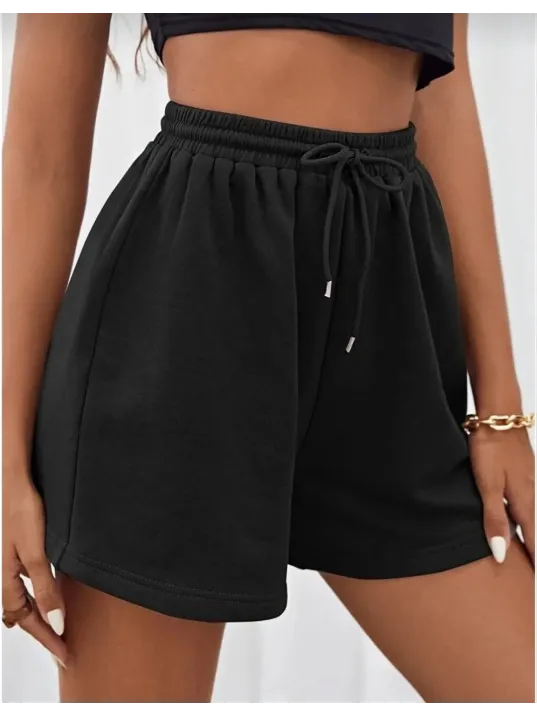 Unisex İki İplik Düz Oversize Şort - Siyah