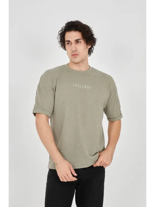 Unisex Jakar Kumaş Rahat Kol T-Shirt - Açık Yeşil Unisex Jakar Kumaş Rahat Kol T-Shirt - Açık Yeşil