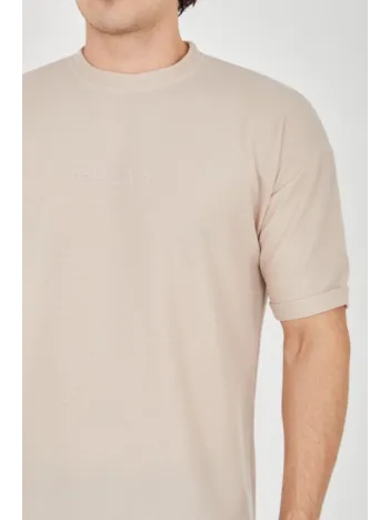 Unisex Jakar Kumaş Rahat Kol T-Shirt - Bej Unisex Jakar Kumaş Rahat Kol T-Shirt - Bej