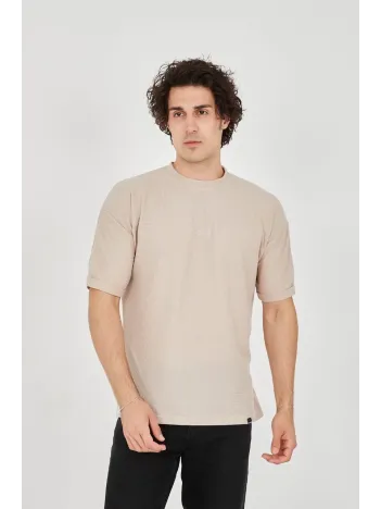 Unisex Jakar Kumaş Rahat Kol T-Shirt - Bej Unisex Jakar Kumaş Rahat Kol T-Shirt - Bej