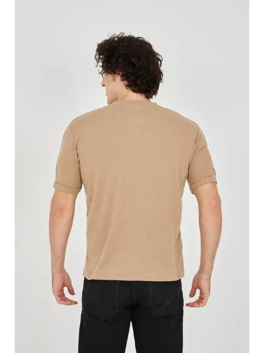 Unisex Jakar Kumaş Slim Fit T-Shirt - Kahverengi Unisex Jakar Kumaş Slim Fit T-Shirt - Kahverengi