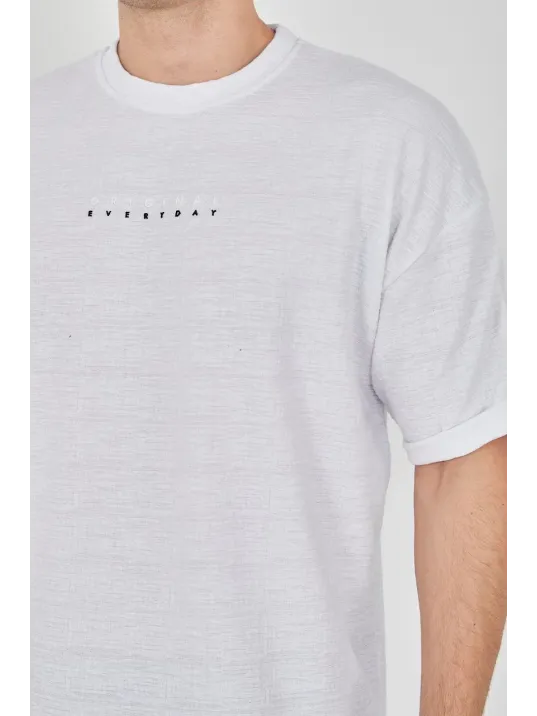 Unisex Jakar Kumaş Rahat Kol T-Shirt - Beyaz Unisex Jakar Kumaş Rahat Kol T-Shirt - Beyaz