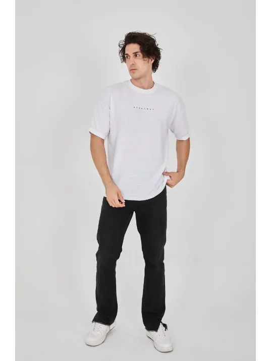 Unisex Jakar Kumaş Rahat Kol T-Shirt - Beyaz Unisex Jakar Kumaş Rahat Kol T-Shirt - Beyaz