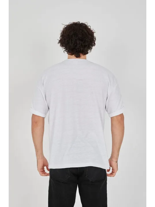 Unisex Jakar Kumaş Rahat Kol T-Shirt - Beyaz Unisex Jakar Kumaş Rahat Kol T-Shirt - Beyaz