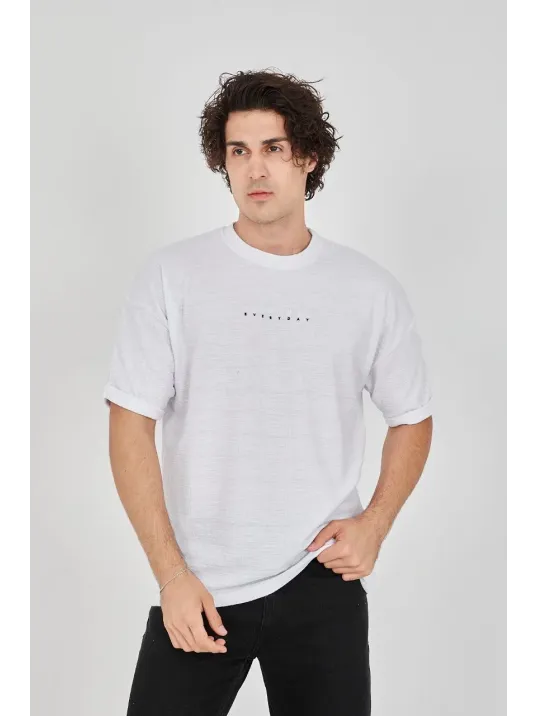 Unisex Jakar Kumaş Rahat Kol T-Shirt - Beyaz Unisex Jakar Kumaş Rahat Kol T-Shirt - Beyaz