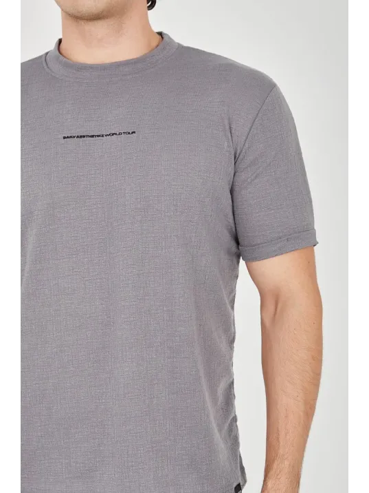 Unisex Jakar Kumaş Slim Fit T-Shirt - Boyalı Gri Unisex Jakar Kumaş Slim Fit T-Shirt - Boyalı Gri