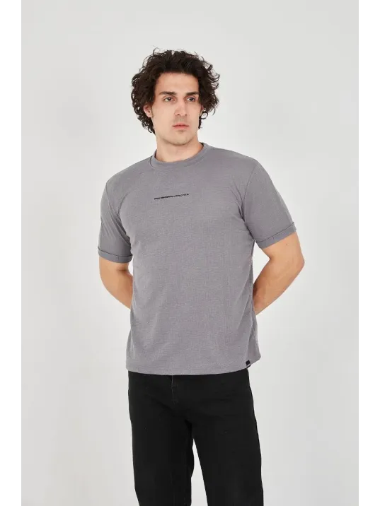 Unisex Jakar Kumaş Slim Fit T-Shirt - Boyalı Gri Unisex Jakar Kumaş Slim Fit T-Shirt - Boyalı Gri