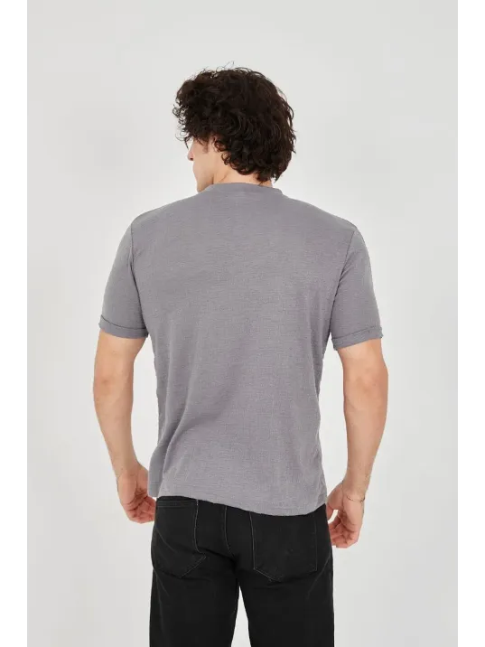 Unisex Jakar Kumaş Slim Fit T-Shirt - Boyalı Gri Unisex Jakar Kumaş Slim Fit T-Shirt - Boyalı Gri