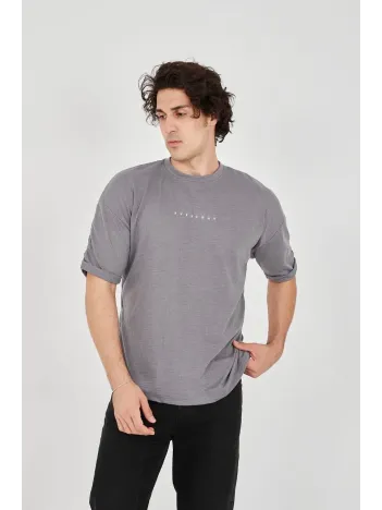 Unisex Jakar Kumaş Rahat Kol T-Shirt - Gri Unisex Jakar Kumaş Rahat Kol T-Shirt - Gri