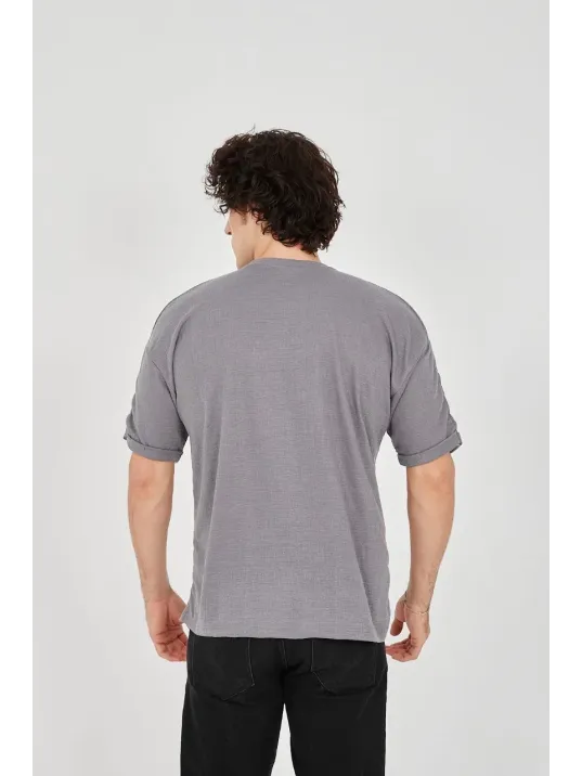 Unisex Jakar Kumaş Rahat Kol T-Shirt - Gri Unisex Jakar Kumaş Rahat Kol T-Shirt - Gri