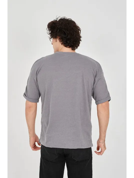 Unisex Jakar Kumaş Rahat Kol T-Shirt - Gri Unisex Jakar Kumaş Rahat Kol T-Shirt - Gri