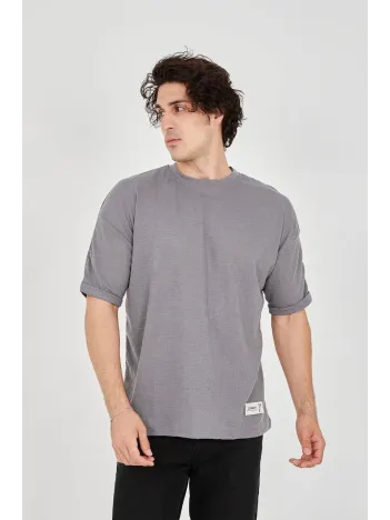 Unisex Jakar Kumaş Rahat Kol T-Shirt - Gri Unisex Jakar Kumaş Rahat Kol T-Shirt - Gri