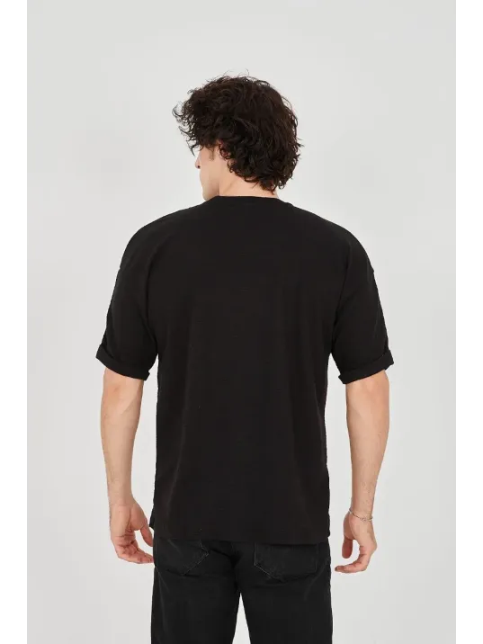 Unisex Jakar Kumaş Rahat Kol T-Shirt - Siyah Unisex Jakar Kumaş Rahat Kol T-Shirt - Siyah