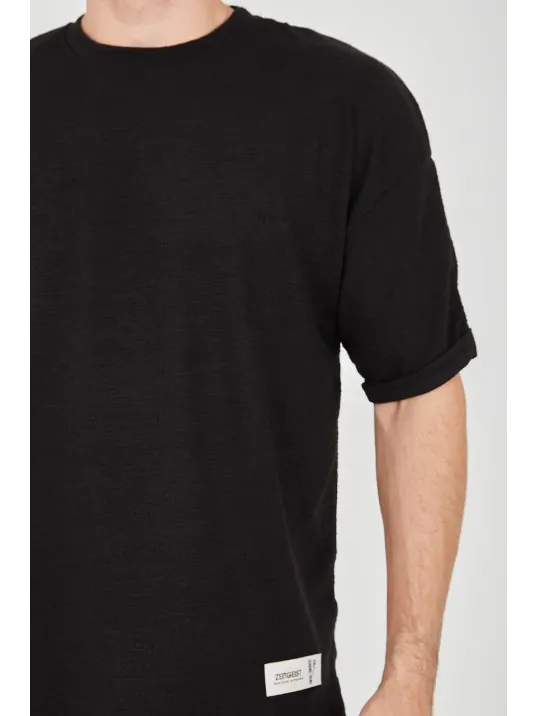 Unisex Jakar Kumaş Rahat Kol T-Shirt - Siyah Unisex Jakar Kumaş Rahat Kol T-Shirt - Siyah
