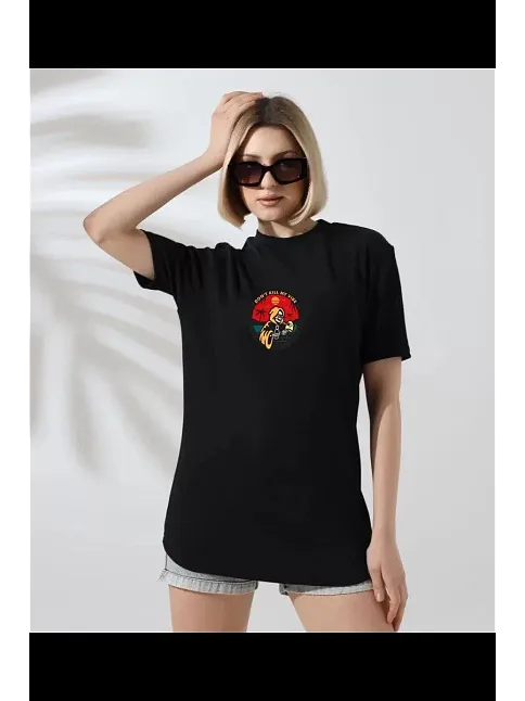 Unisex Kadın Bisiklet Yaka Baskılı T-shirt - Siyah