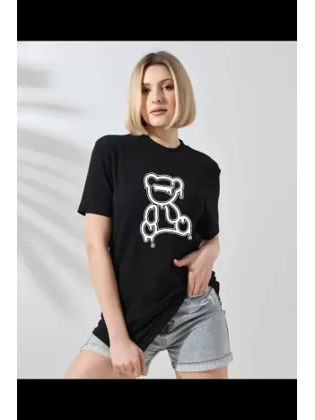 Unisex Kadın Bisiklet Yaka Baskılı T-Shirt - Siyah Unisex Kadın Bisiklet Yaka Baskılı T-Shirt - Siyah