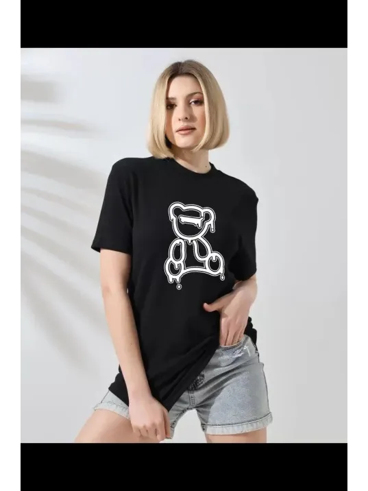 Unisex Kadın Bisiklet Yaka Baskılı T-Shirt - Siyah Unisex Kadın Bisiklet Yaka Baskılı T-Shirt - Siyah