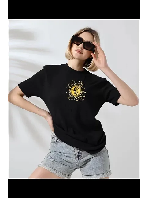 Unisex Kadın Bisiklet Yaka Baskılı T-shirt - Siyah