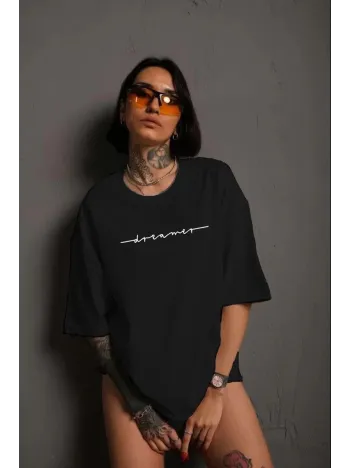 Unisex Kadın Bisiklet Yaka Baskılı T-Shirt - Siyah Unisex Kadın Bisiklet Yaka Baskılı T-Shirt - Siyah