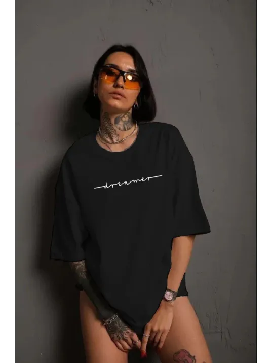 Unisex Kadın Bisiklet Yaka Baskılı T-Shirt - Siyah Unisex Kadın Bisiklet Yaka Baskılı T-Shirt - Siyah