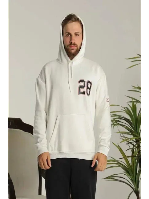 Unisex Kapşonlu Baskılı Sweetshirt - Beyaz