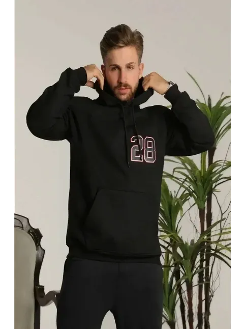 Unisex Kapşonlu Baskılı Sweetshirt - Siyah