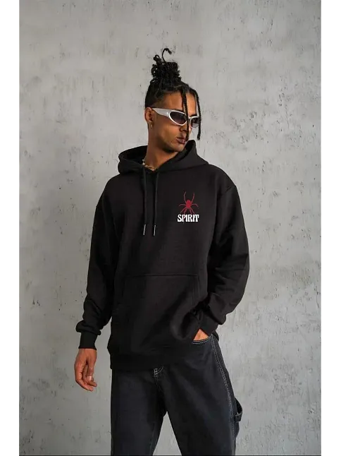 Unisex Kapşonlu Baskılı Sweetshirt - Siyah