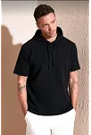 Unisex Kapşonlu Kısa Kol Düz Oversize T-shirt - Siyah