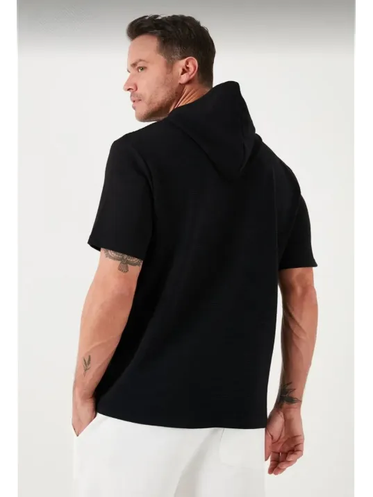 Unisex Kapşonlu Kısa Kol Düz Oversize T-shirt - Siyah Unisex Kapşonlu Kısa Kol Düz Oversize T-shirt - Siyah