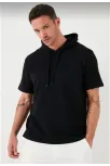 Unisex Kapşonlu Kısa Kol Düz Oversize T-shirt - Siyah