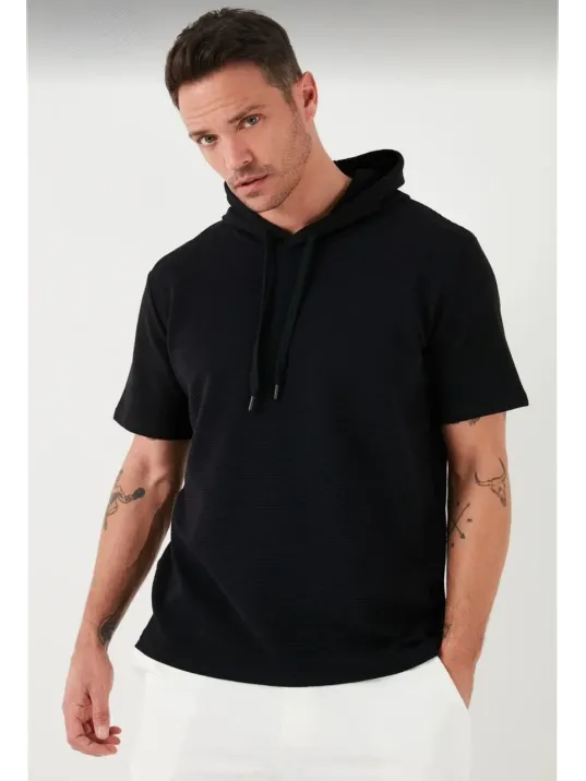 Unisex Kapşonlu Kısa Kol Düz Oversize T-shirt - Siyah Unisex Kapşonlu Kısa Kol Düz Oversize T-shirt - Siyah