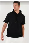 Unisex Kapşonlu Kısa Kol Düz Oversize T-shirt - Siyah