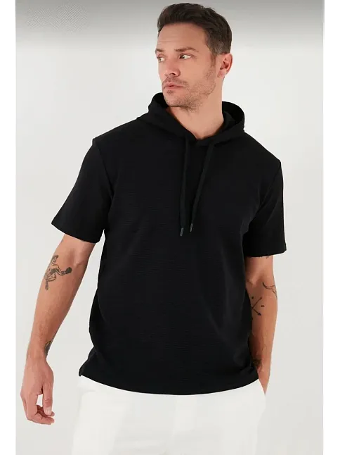 Unisex Kapşonlu Kısa Kol Düz Oversize T-shirt - Siyah