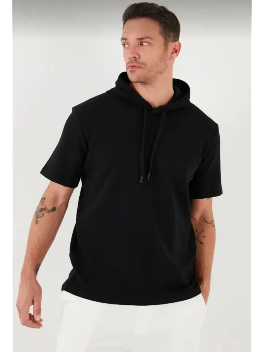 Unisex Kapşonlu Kısa Kol Düz Oversize T-shirt - Siyah Unisex Kapşonlu Kısa Kol Düz Oversize T-shirt - Siyah
