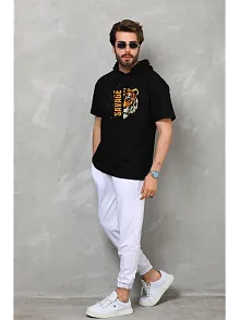 Unisex Kapşonlu Kısa Kol Oversize Baskılı T-shirt - Siyah