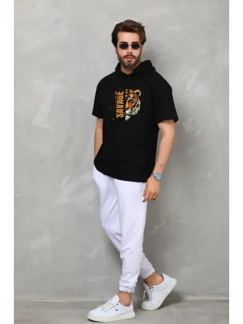 Unisex Kapşonlu Kısa Kol Oversize Baskılı T-Shirt - Siyah Unisex Kapşonlu Kısa Kol Oversize Baskılı T-Shirt - Siyah