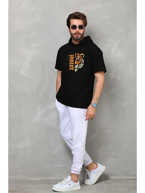 Unisex Kapşonlu Kısa Kol Oversize Baskılı T-shirt - Siyah
