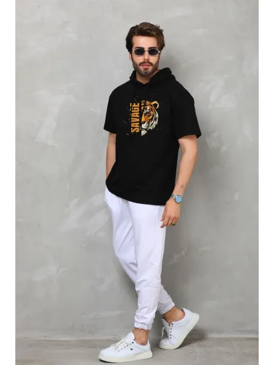 Unisex Kapşonlu Kısa Kol Oversize Baskılı T-Shirt - Siyah Unisex Kapşonlu Kısa Kol Oversize Baskılı T-Shirt - Siyah