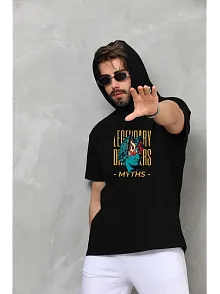 Unisex Kapşonlu Kolsuz Oversize Baskılı Tişört - Siyah