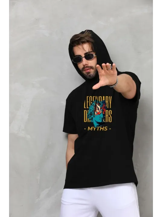 Unisex Kapşonlu Kolsuz Oversize Baskılı Tişört - Siyah Unisex Kapşonlu Kolsuz Oversize Baskılı Tişört - Siyah