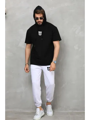 Unisex Kapşonlu Oversize T-shirt Takım - Siyah
