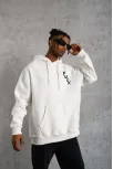 Unisex Kapşonlu Uzun Kol Baskılı Sweetshirt - Beyaz