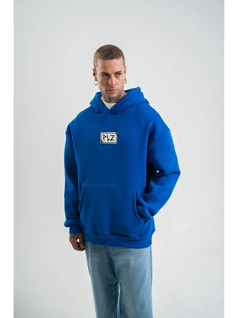 Unisex Kapşonlu Uzun Kol Patchli Nakışlı Sweatshirt - Mavi