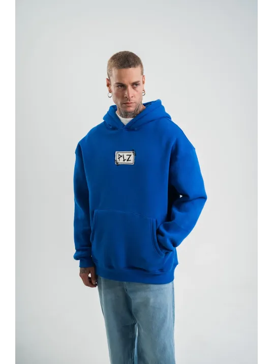 Unisex Kapşonlu Uzun Kol Patchli Nakışlı SweatShirt - Mavi