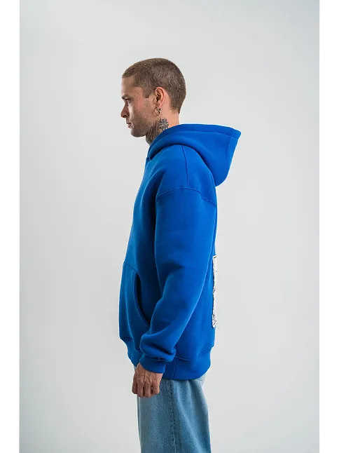 Unisex Kapşonlu Uzun Kol Patchli Nakışlı Sweatshirt - Mavi