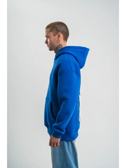 Unisex Kapşonlu Uzun Kol Patchli Nakışlı SweatShirt - Mavi